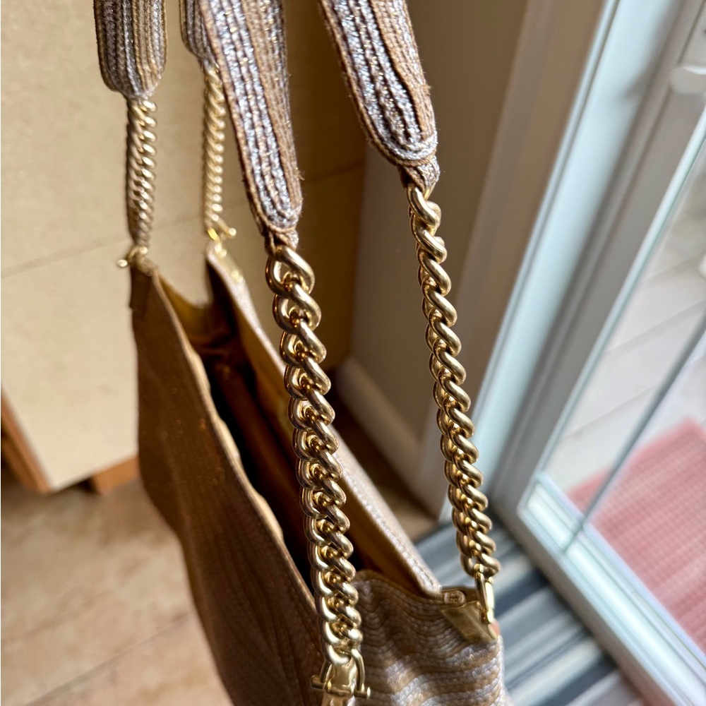 Eric Javits Woven Metallic Gold, Silver and Tan Striped Shoulder Bag - Picture 11 of 11